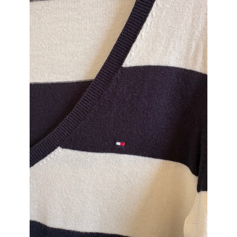Tommy Hilfiger Womens Rugby Striped V-Neck Sweater Navy  Cream Knit Pullover Med - Picture 4 of 6